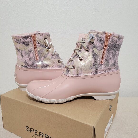 New Sperry Saltwater Duck Boots Metallic Camo Pink Blush Size 7 - Picture 8 of 10
